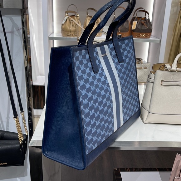 Michael Kors Men Women  XL Cooper Striped Logo Jacquard Structured Tote Handbag - Picture 6 of 16